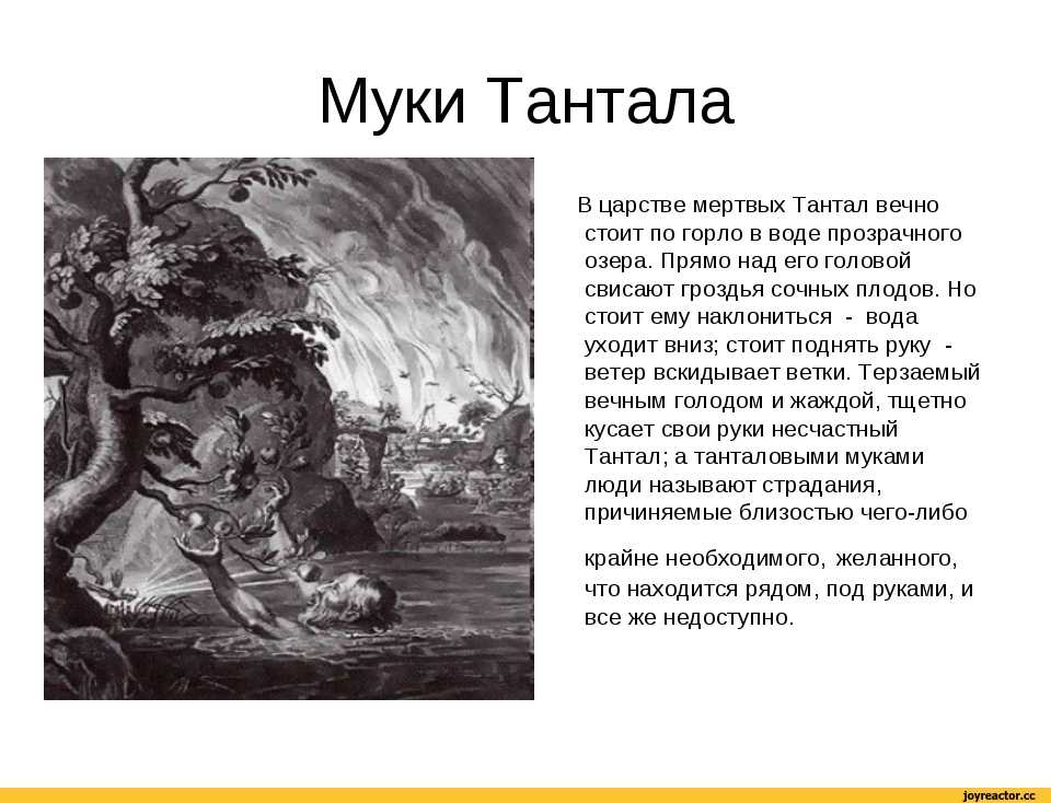 Один из самых популярных мифов Древней Греции рассказывает о муках Тантала, покаранного Зевсом за дерзость и гордыню Полный текст доступен на  - можно читать онлайн или скачать