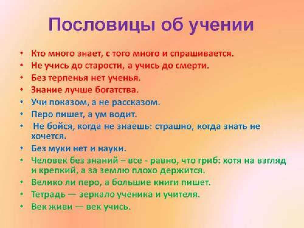 Пословицы и поговорки про учение и знания для детей школьного возраста